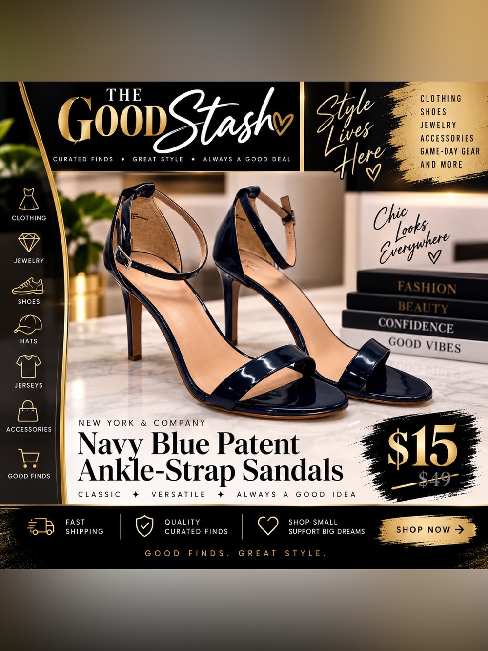 Navy Blue Patent Ankle-Strap Sandals